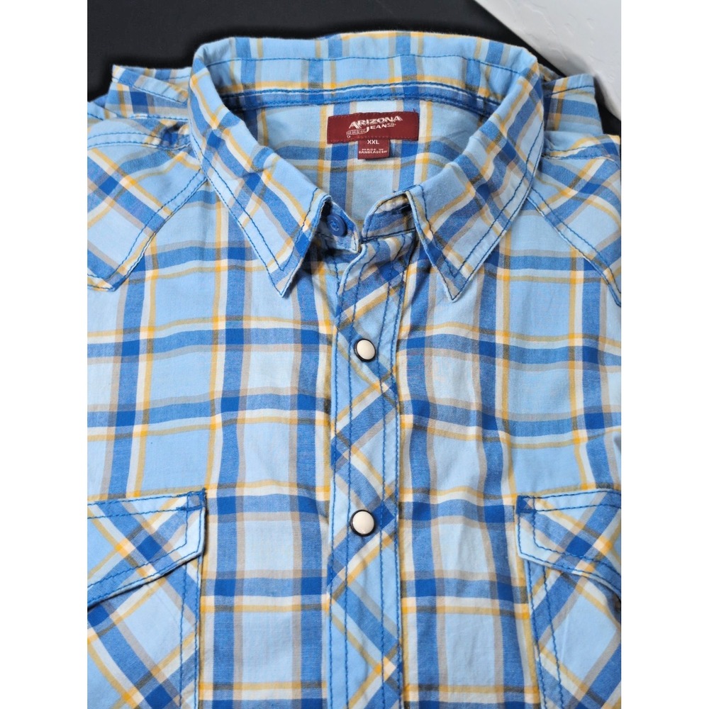 NWT Arizona Jeans Men's XXL Pearl Snap Shirt Turquoise Blue Plaid Long Sleeve